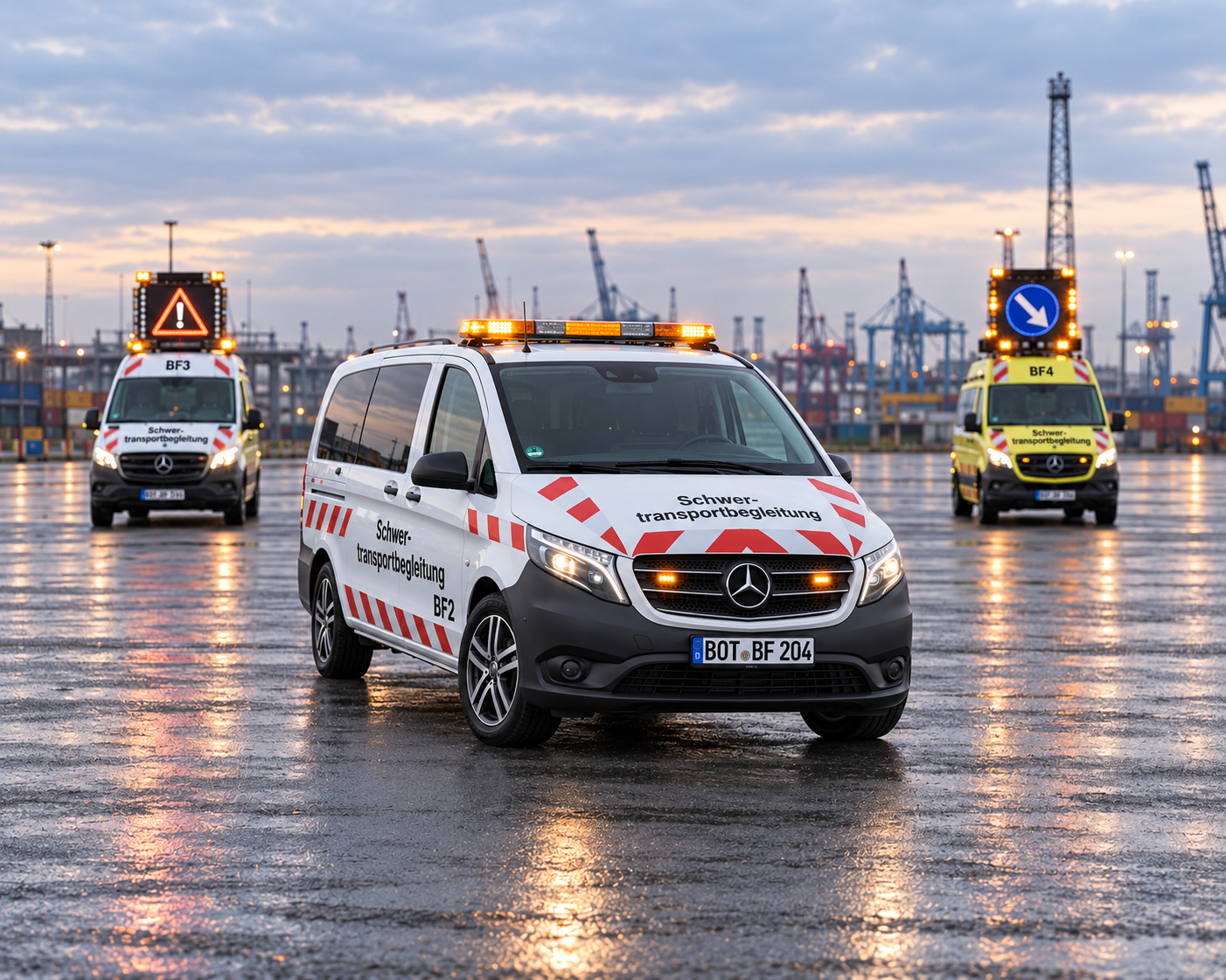 BF2-Begleitfahrzeug mit Warnbeleuchtung im Einsatz